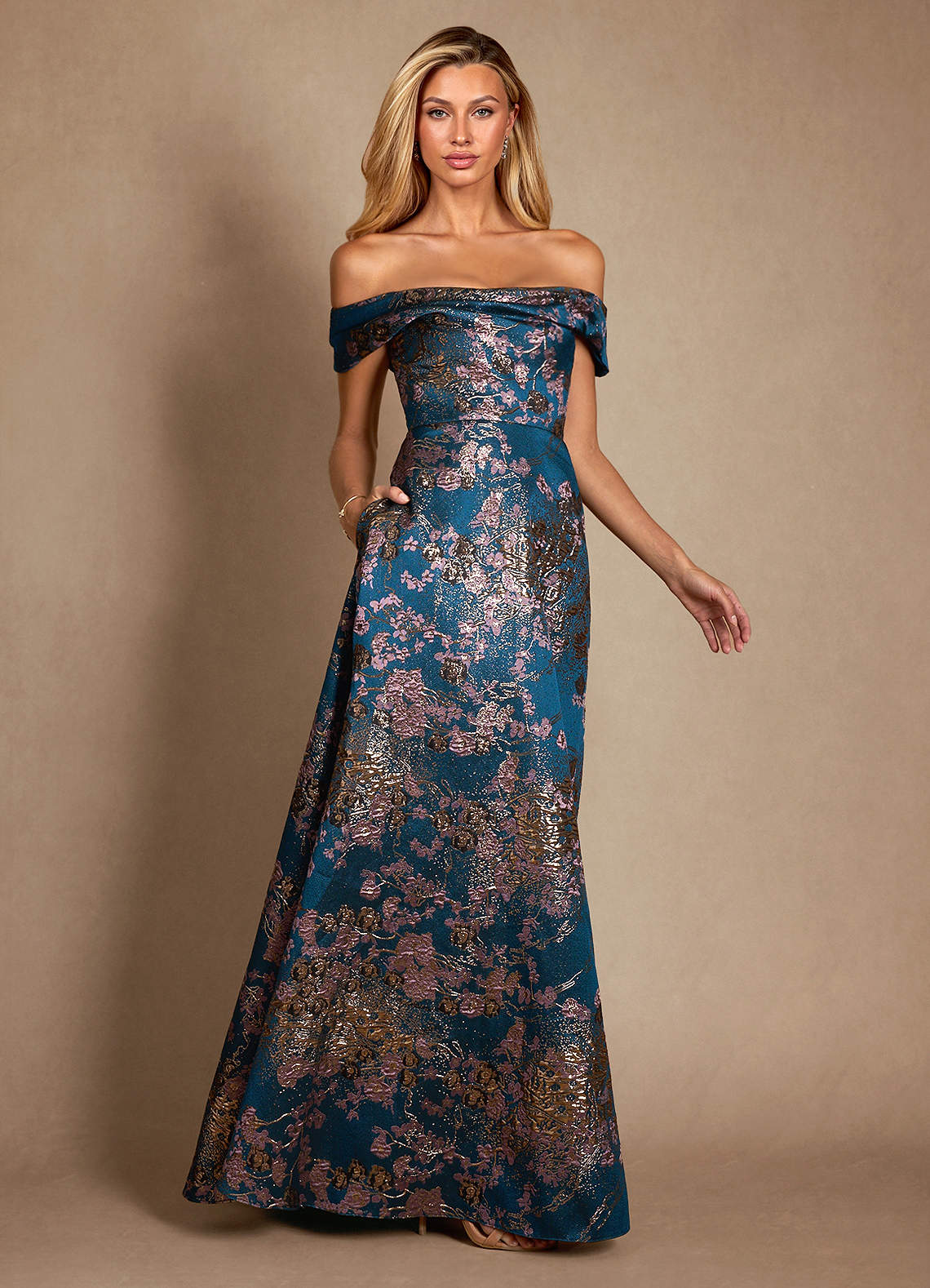 Azazie Marceline Teal Floral A-Line Off the Shoulder Jacquard
