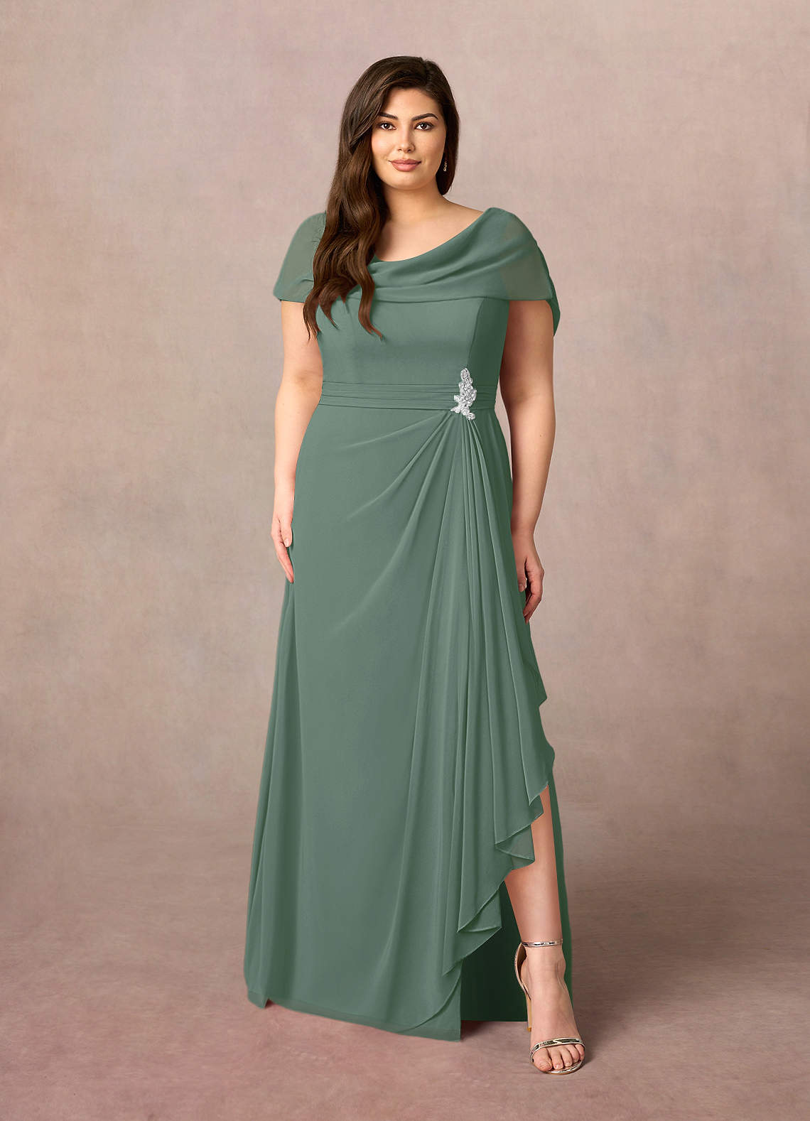 Azazie Mary Mother of the Bride Dresses Eucalyptus A-Line Side Slit Chiffon Dress image5