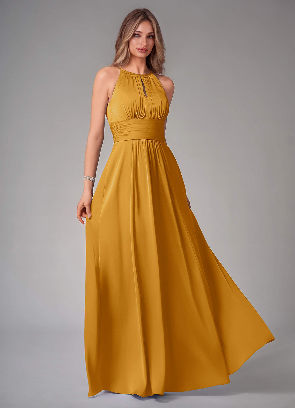 Azazie Bonnie Bridesmaid Dresses Butterscotch A-Line Pleated Stretch Satin Dress image1