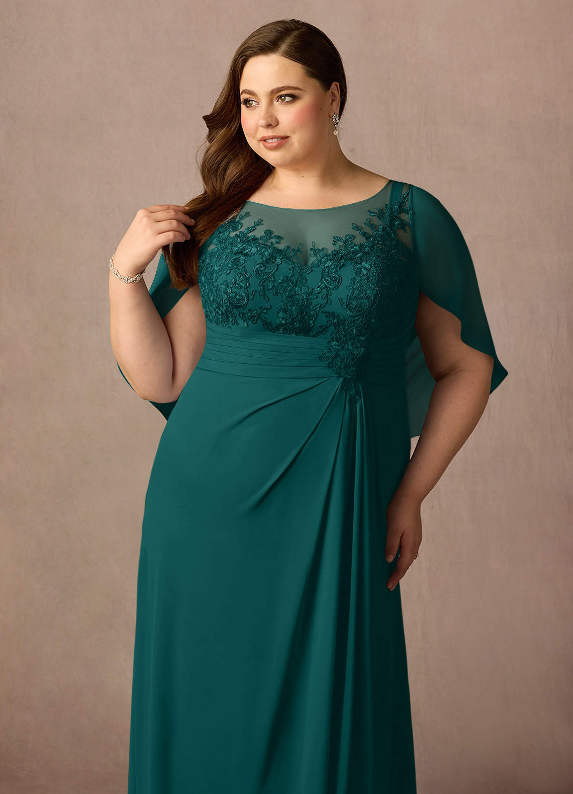 Azazie Hera Mother of the Bride Dresses Peacock A-Line Lace Capelet Chiffon Dress image10