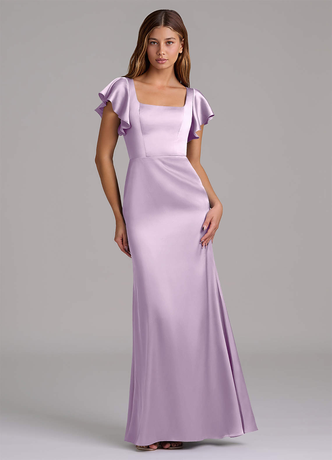 Azazie Elkie Jurken voor bruidsmeisjes Jurk van Stretch Satijn met Zeemeermin Vierkante halslijn Frosted Lila image1