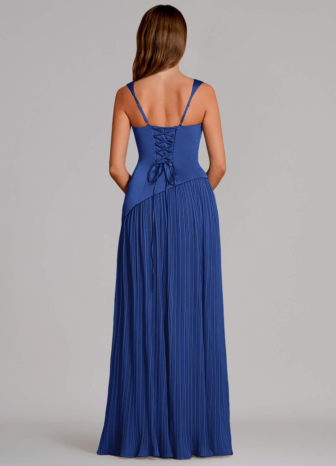 Azazie Stephanie Vestidos de madrinha de casamento Vestido Royal Blue de Cetim elástico de Linha A com Plissado image4