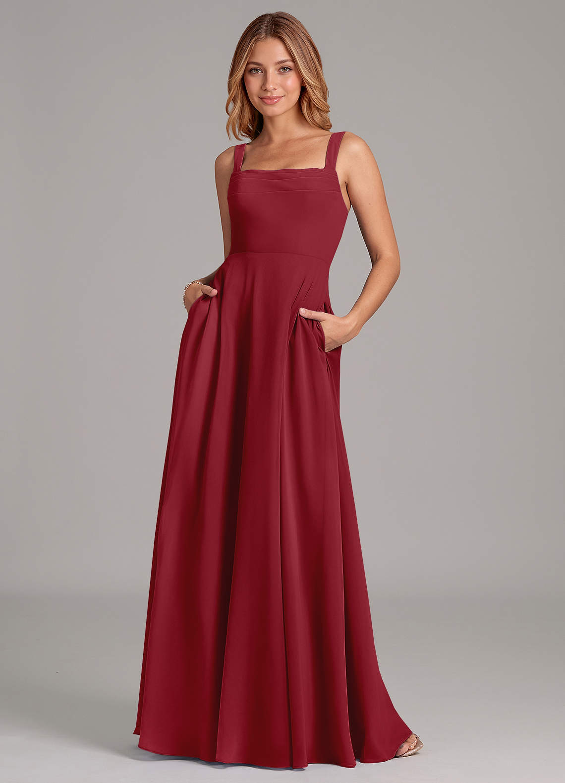 Azazie Shaude Bridesmaid Dresses Pomegranate A-Line Pleated Chiffon Dress image1