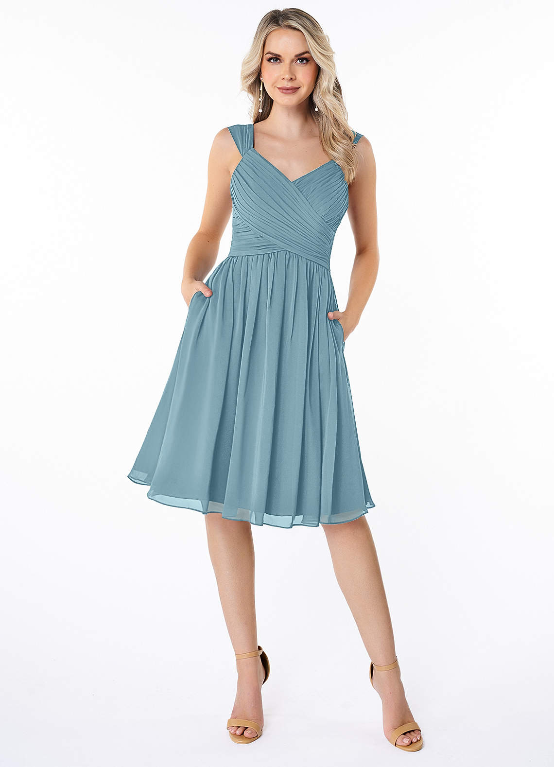 Azazie Angie Robes de demoiselle d'honneur Robe Trapèze en Mousseline de soie Corset Bleu Maussade image1
