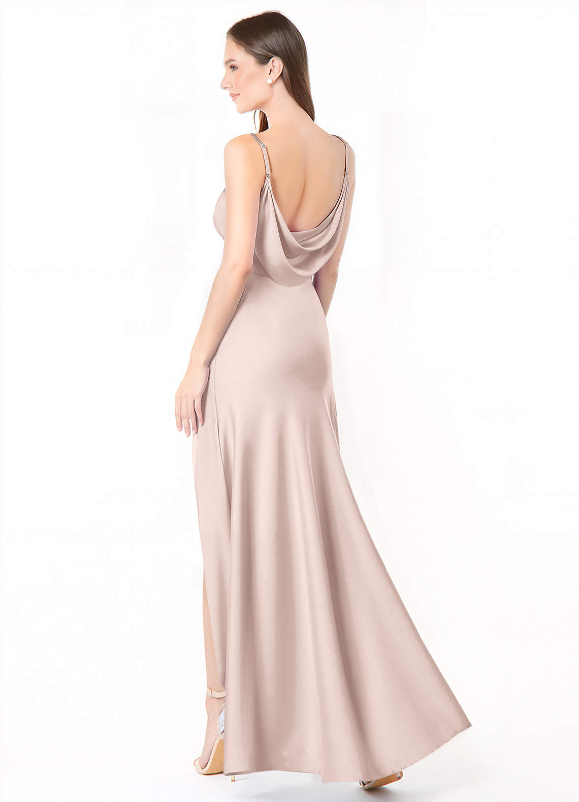 Azazie Alaija Robes de demoiselle d'honneur Robe Sirène en Satin extensible Fente Latérale Rose Pâle image1