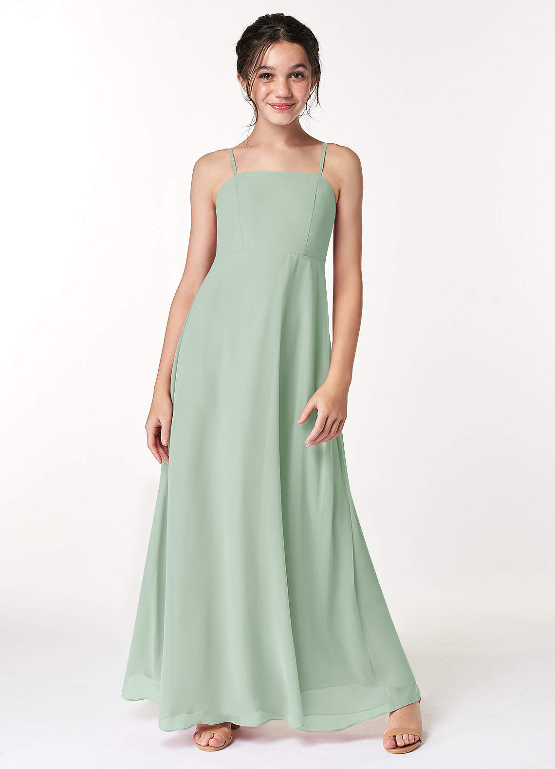 Azazie Cosette Junior Agave A-Line Bow Chiffon Dress image1