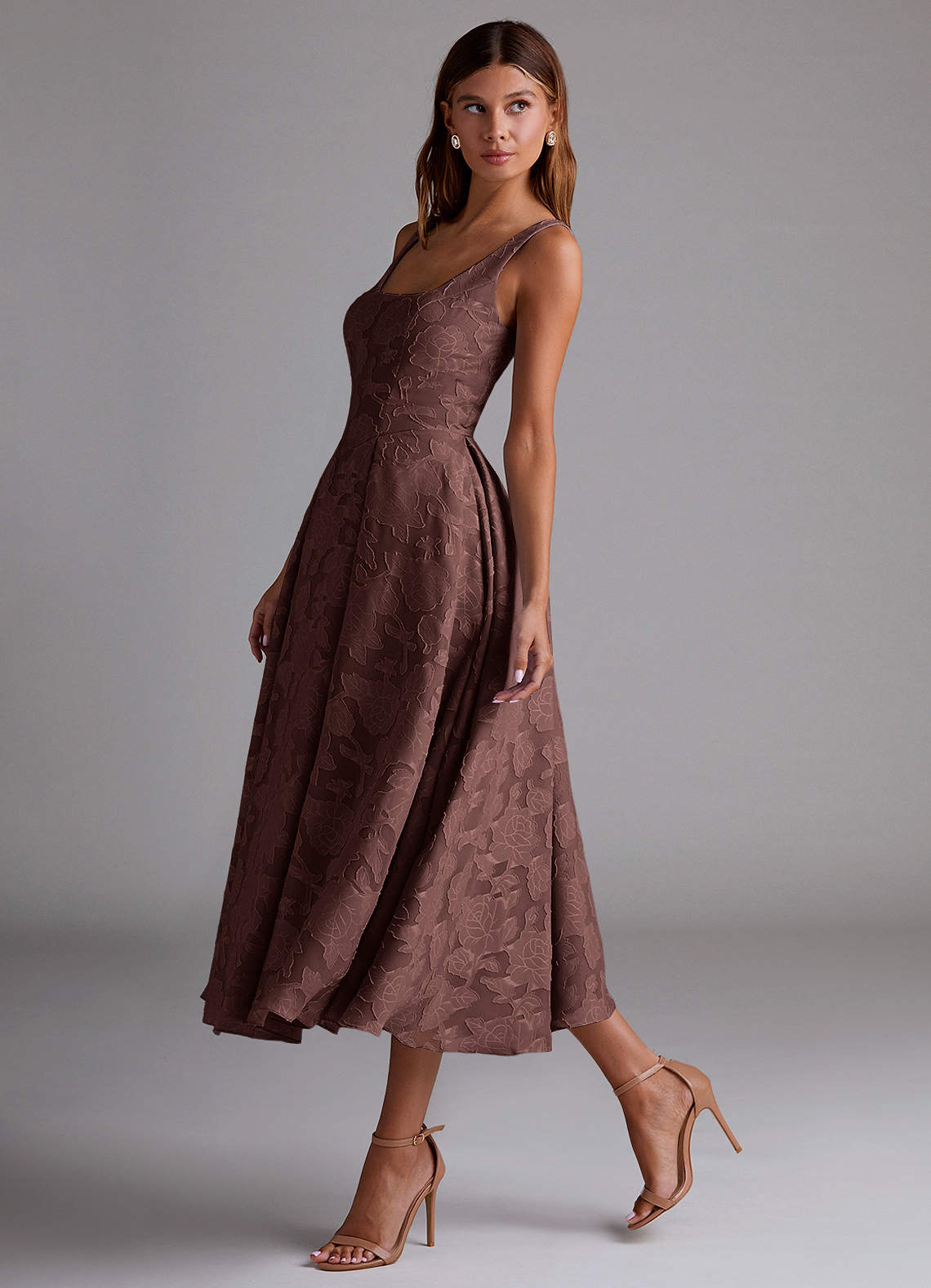 Azazie Amalie At-home Try On Dresses Dusty Blue A-Line Pleated Floral Burnout Dress image3