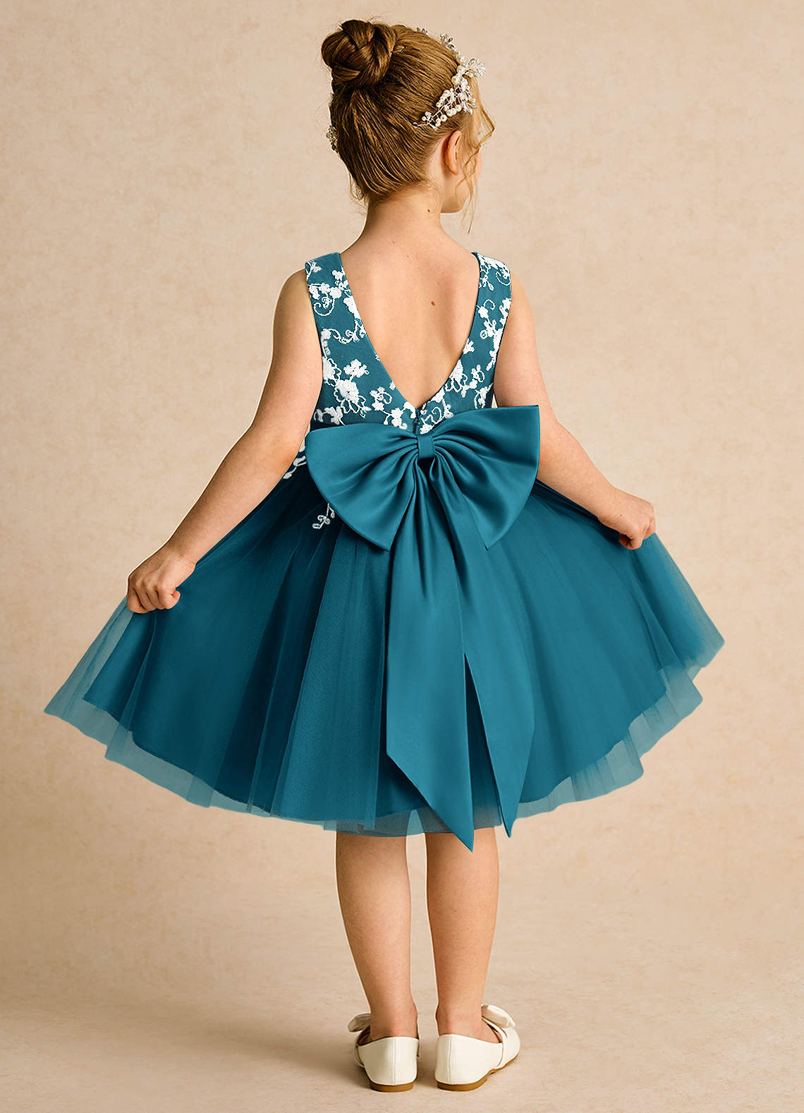 Azazie Butterfly Flower Girl Dresses Ink Blue A-Line Lace Dress image1