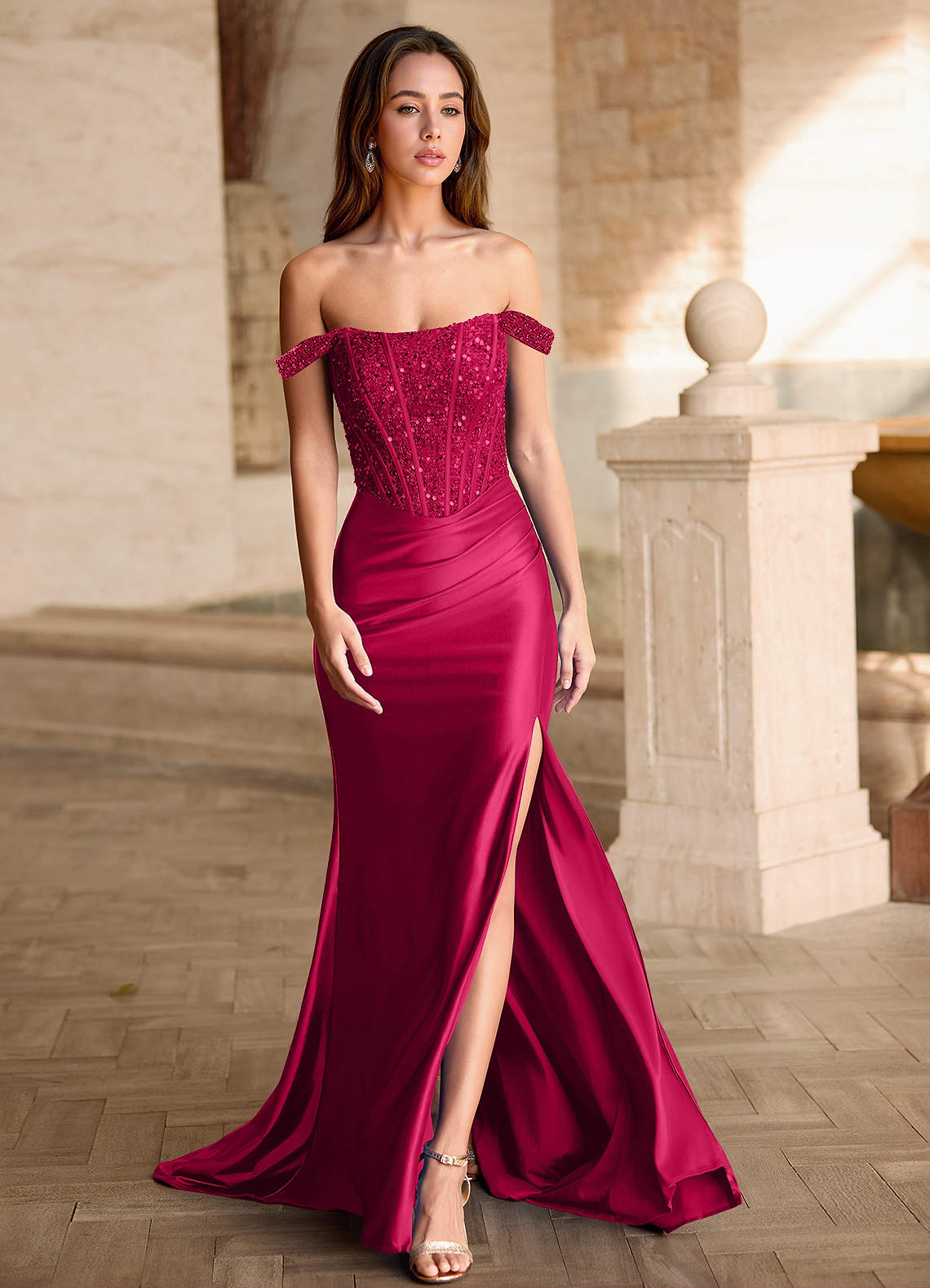 open lace back dress Hot Pink V Neckline Prom Dress With Stretch Fabric And Corset Back