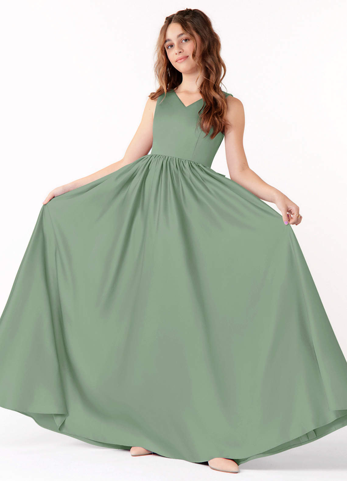 Azazie Hathaway Junior Matcha A-Line Bow Matte Satin Dress image1