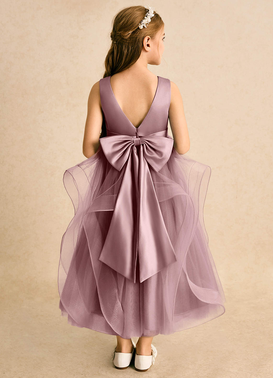 Azazie Vana Abiti da Ragazza di Fiori Abito Principessa in Tulle Fiocco Rosa Polverosa image1