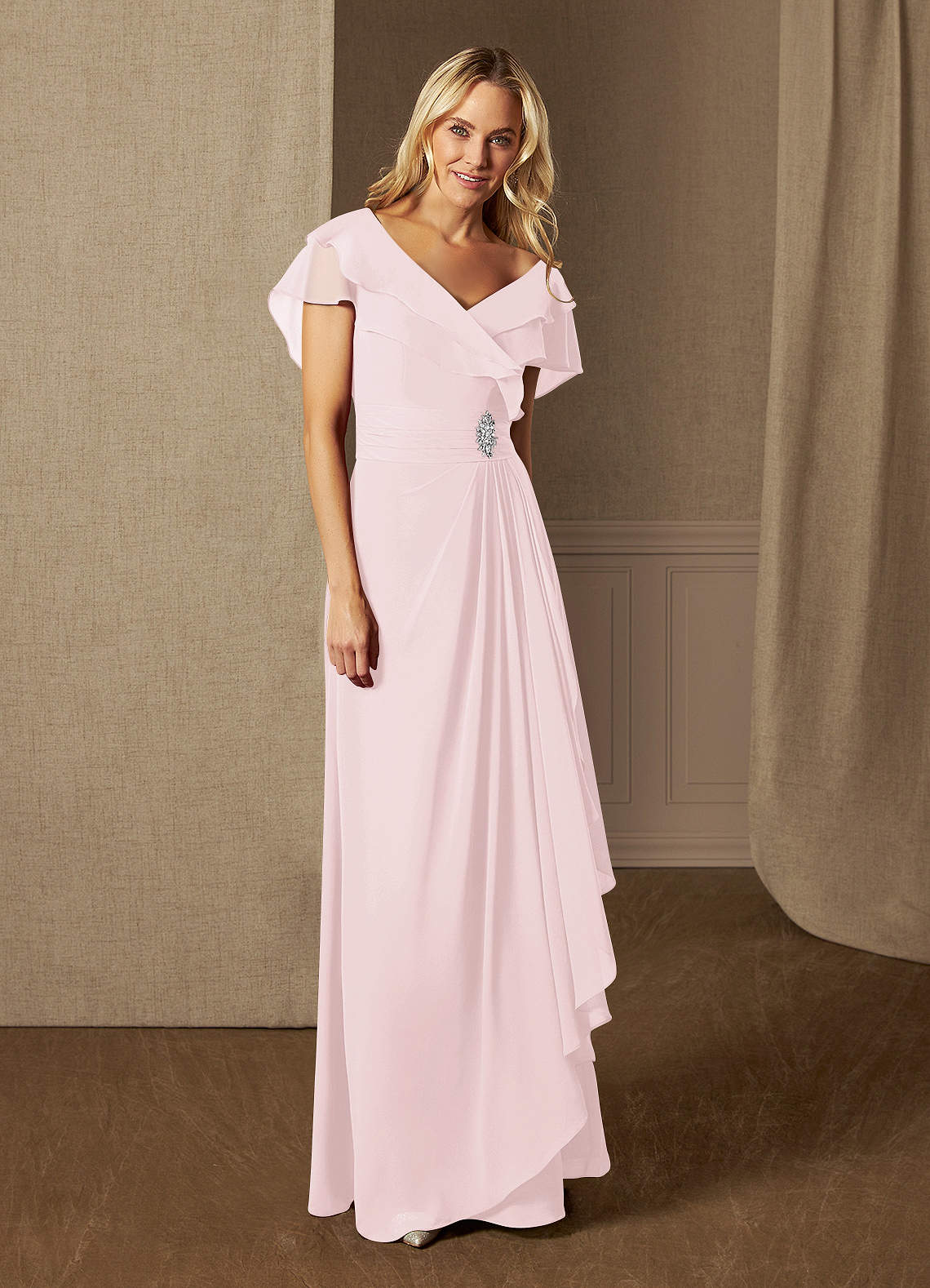 Square Neckline Ruched Chiffon Floor-length Dress Flamingo main image 1