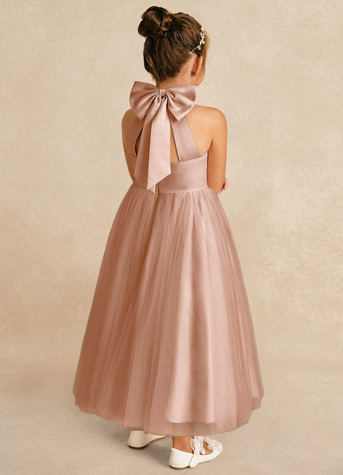 Azazie Bev Flower Girl Dresses Champagne Rose A-Line Convertible Tulle Dress image5