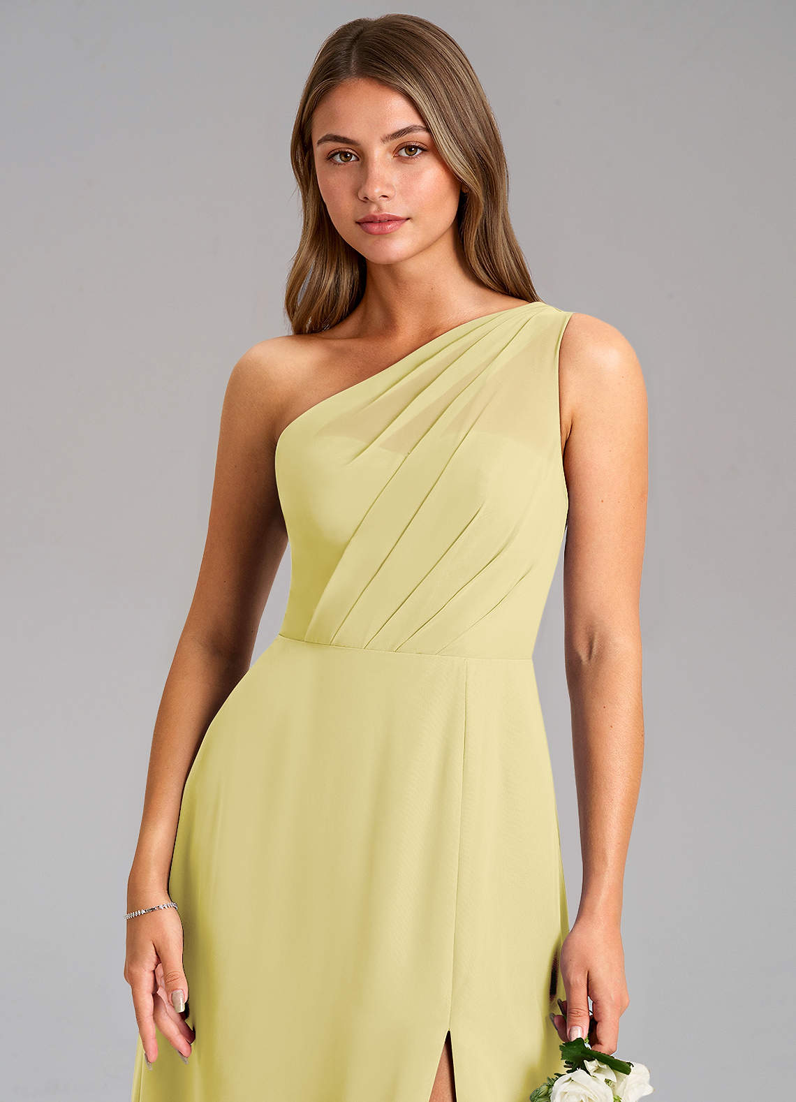 Azazie Phaedra Bridesmaid Dresses Lemon Sorbet A-Line One Shoulder Chiffon Dress image7