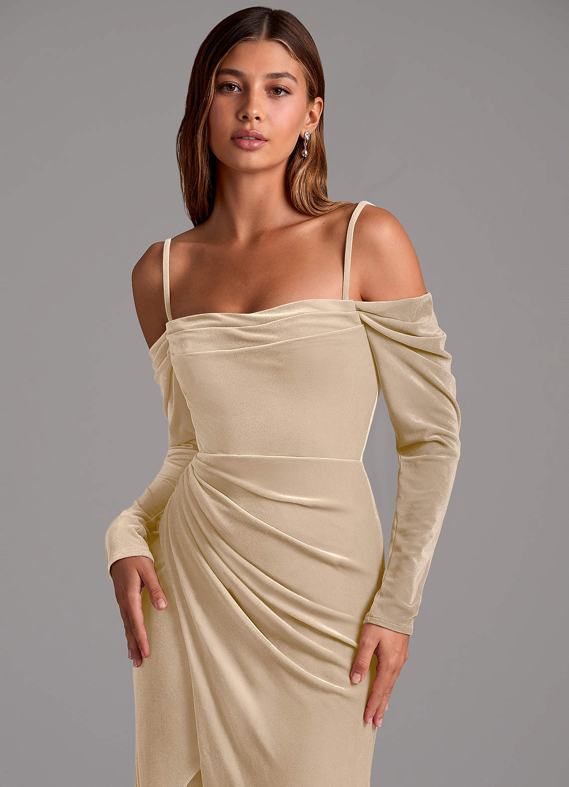Azazie Hallie Ready to Ship Champagne Velvet Bridesmaid Dresses | Azazie Azazie Hallie Ready to Ship Champagne Velvet Bridesmaid Dresses | Azazie