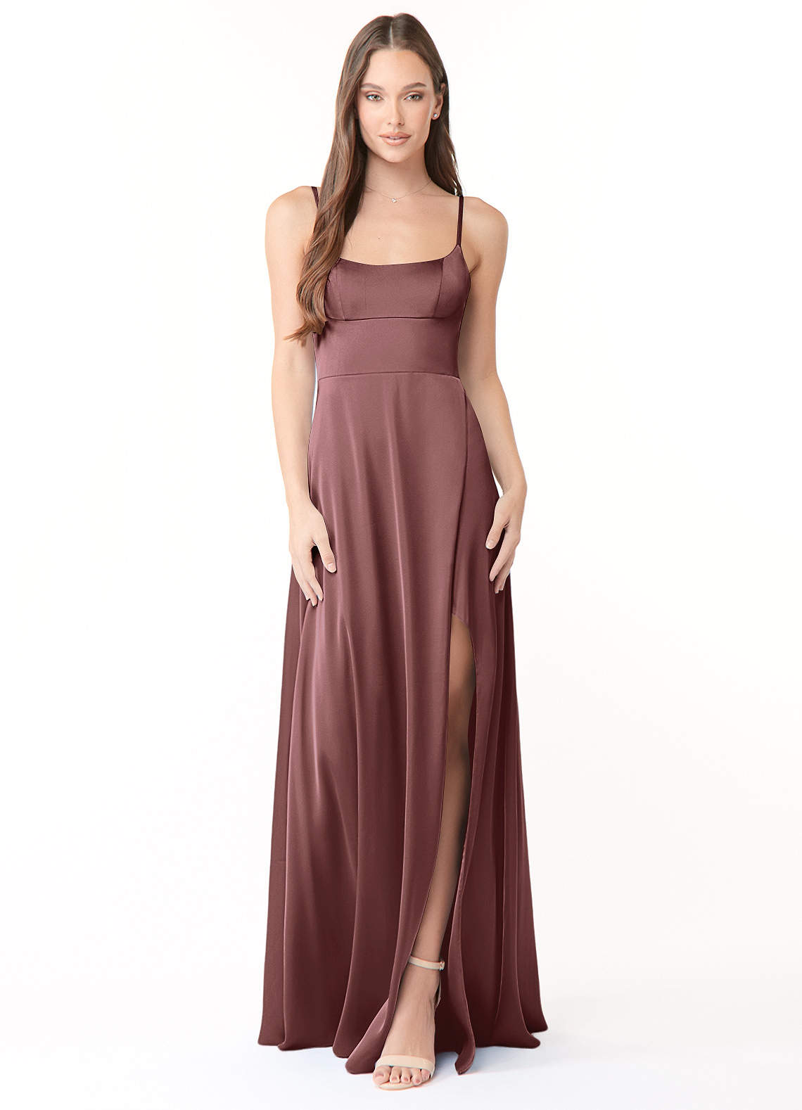Azazie Halsey Bridesmaid Dresses Vintage Mauve Sheath Side Slit Stretch Satin Dress image1