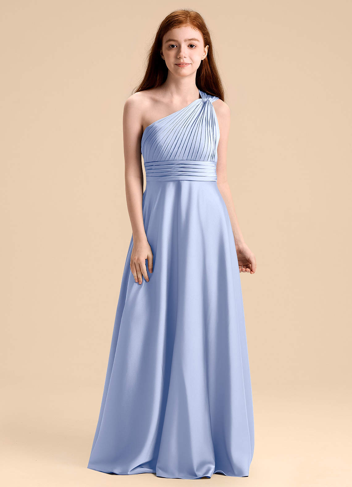 Azazie Charlize Junior Ice A-Line Pleated Stretch Satin Dress image1