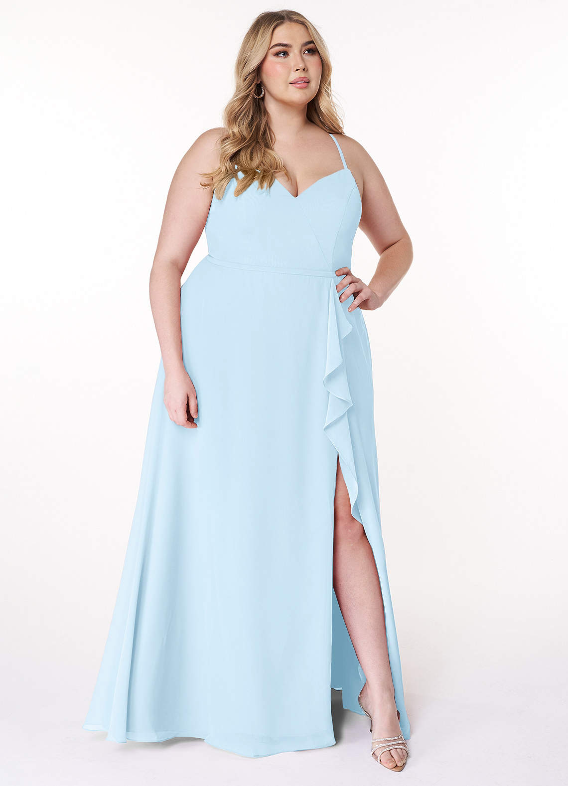 Azazie Plus Size A-Line V-Neck Floor-Length Chiffon Bridesmaid Dresses - Sky Blue