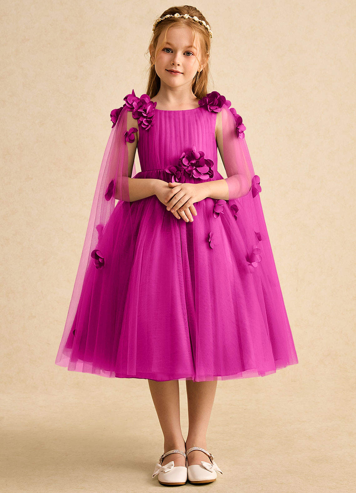 Azazie Staria Flower Girl Dresses Fuchsia Ball-Gown Ruched Tulle Dress image1