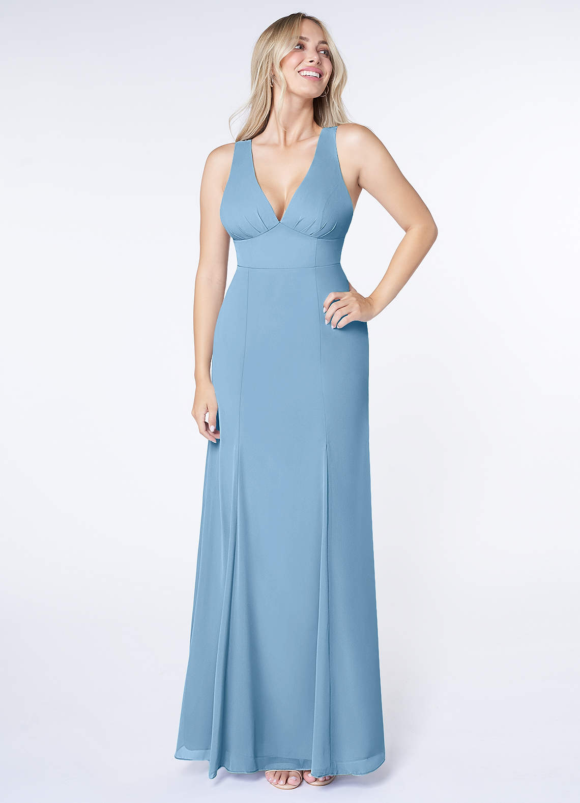 Azazie Christiana Bridesmaid Dresses Steel Blue A-Line V-Neck Pleated Chiffon Dress image1