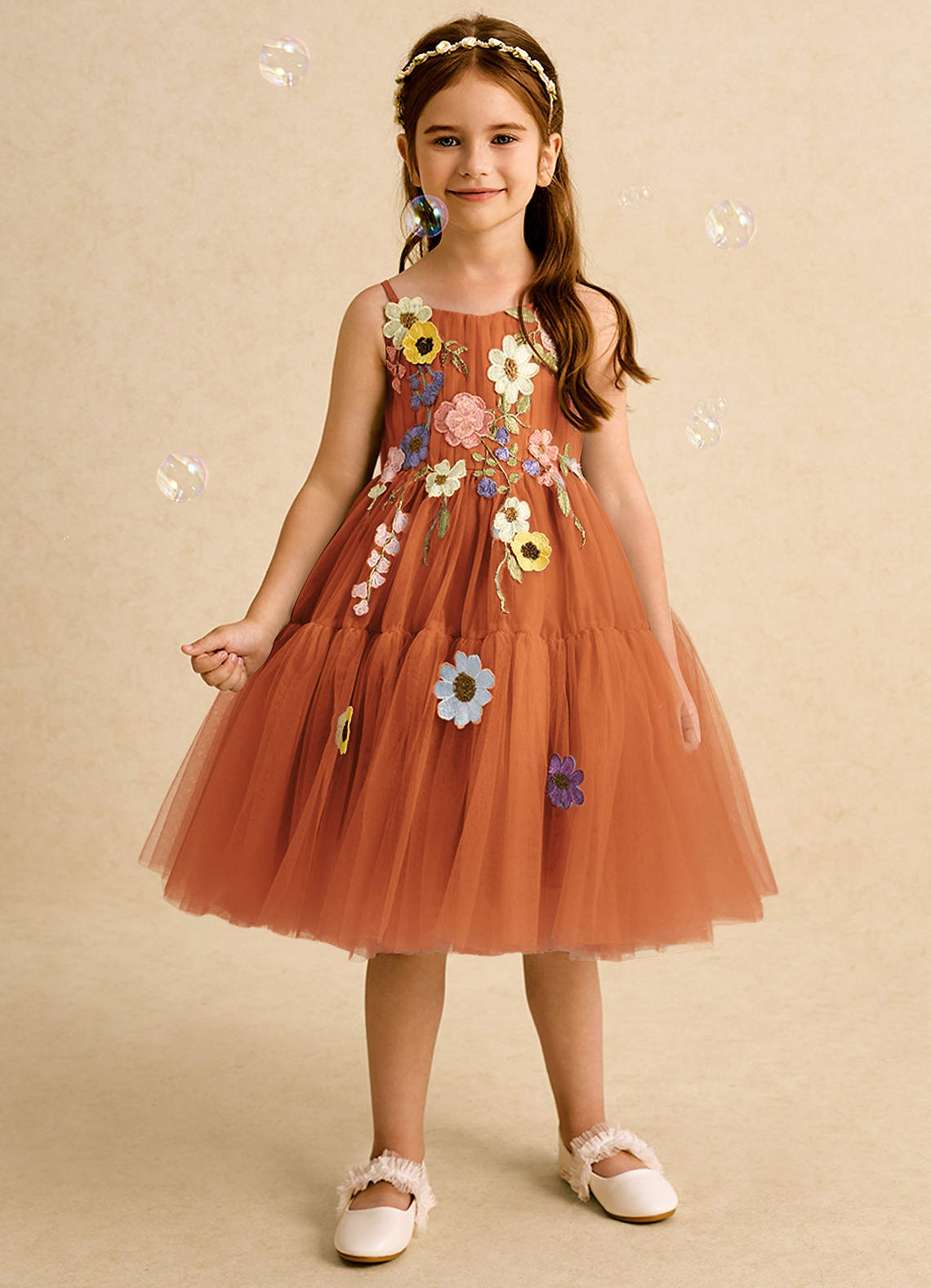 Azazie Osea Flower Girl Dresses Cinnamon Ball-Gown Pleated Tulle Dress image1
