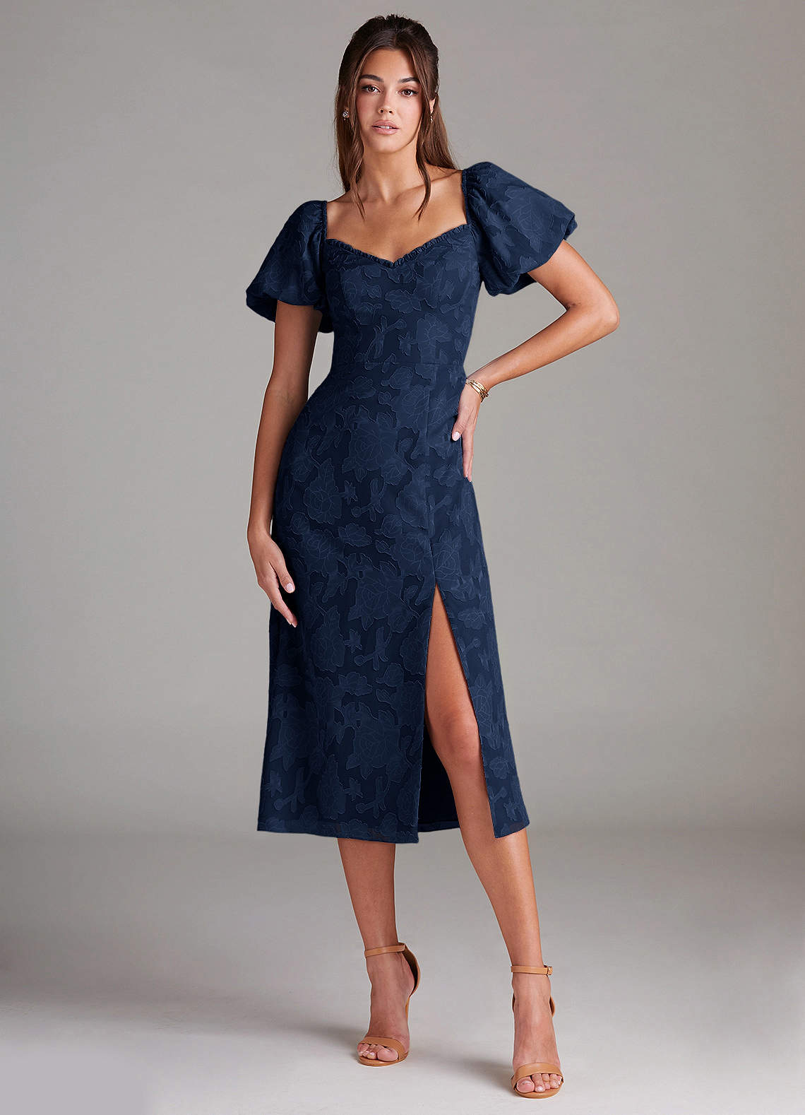 Evalina Navy Puff Sleeves Midi Dress