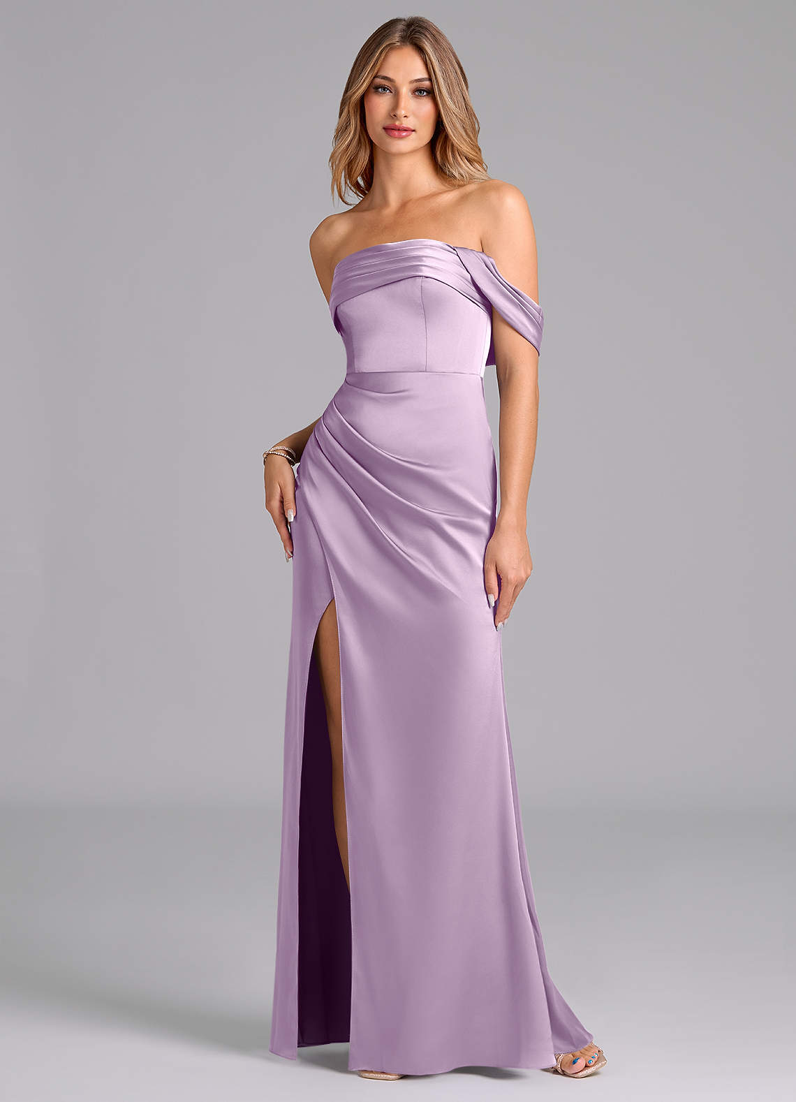 Azazie Lisbeth Bridesmaid Dresses Frosted Lilac Mermaid Off the Shoulder Stretch Satin Convertible Dress image1