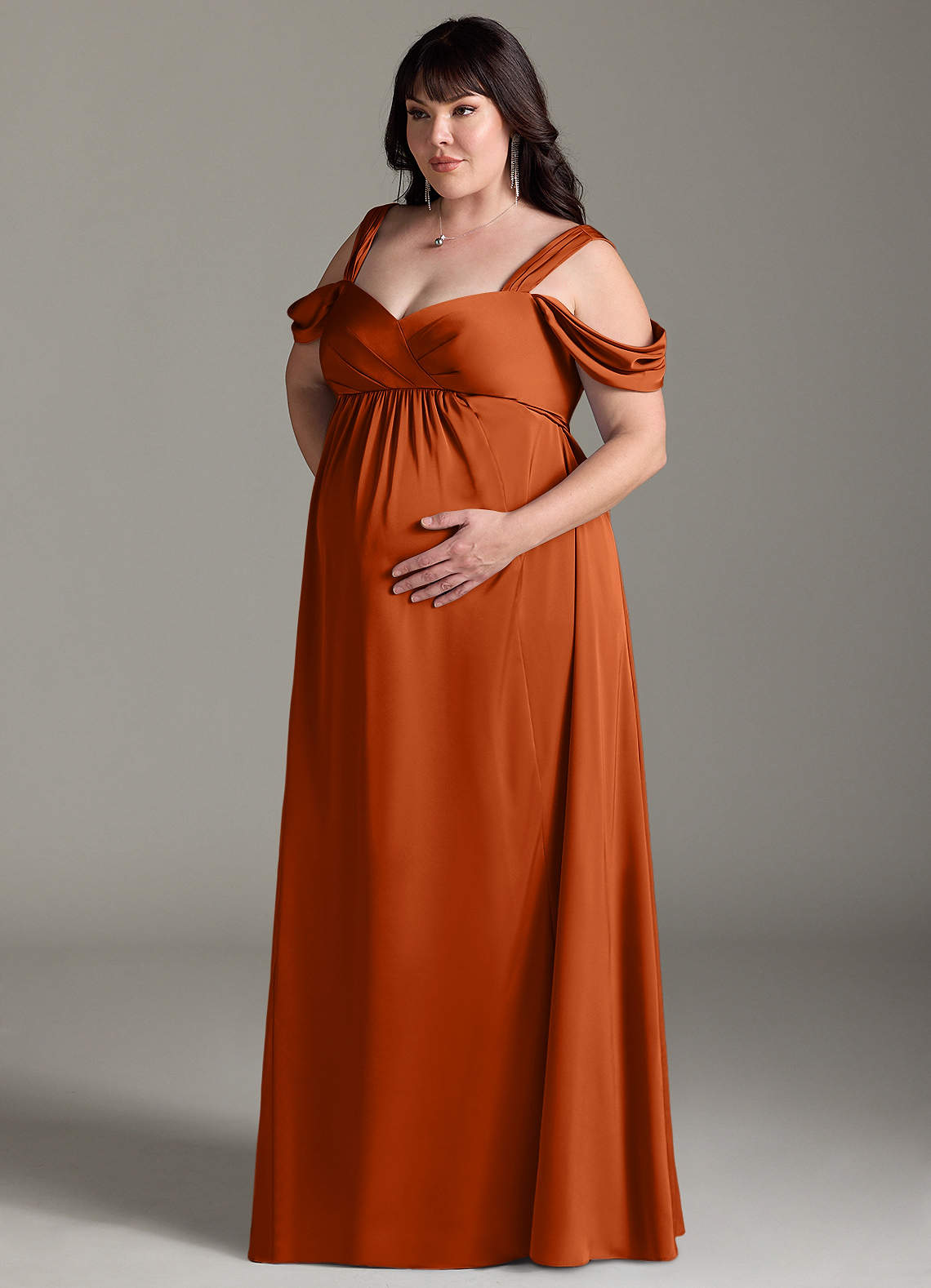 Azazie Rhea At-home Try On Dresses A-Line Off-The-Shouler Pleated Stretch Satin Floor-Length Dress image10