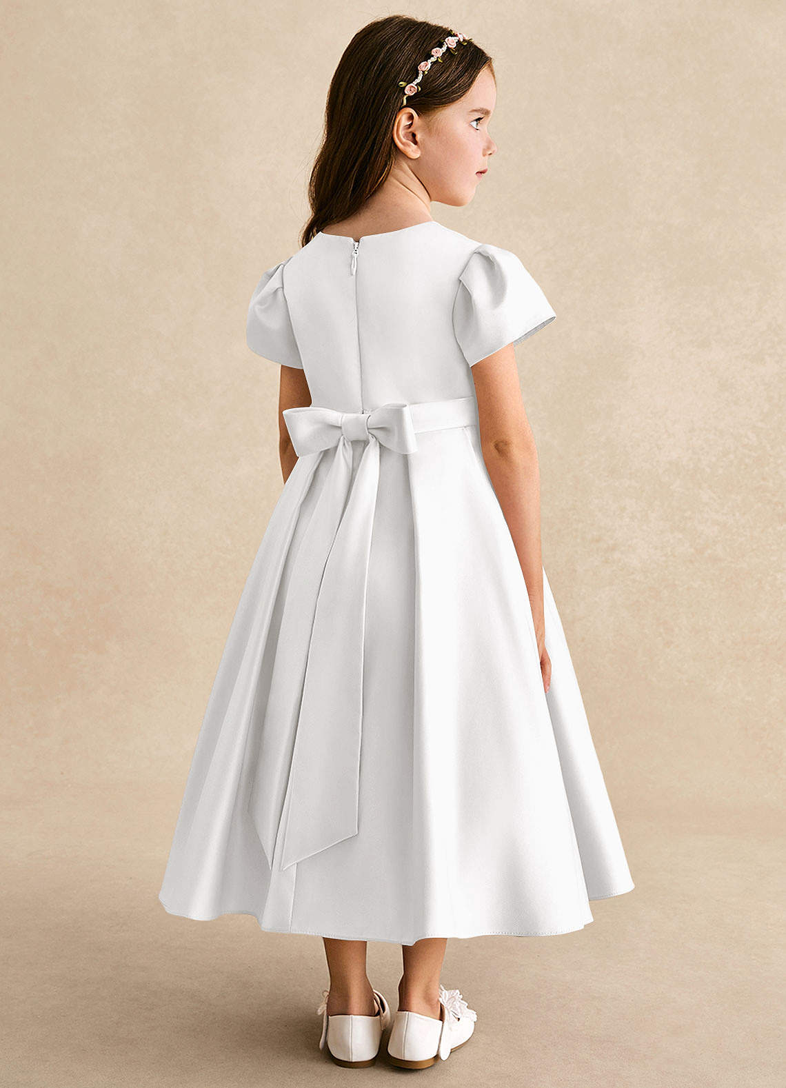 Azazie Princess Flower Girl Dresses White A-Line Pleated Matte Satin Dress image1