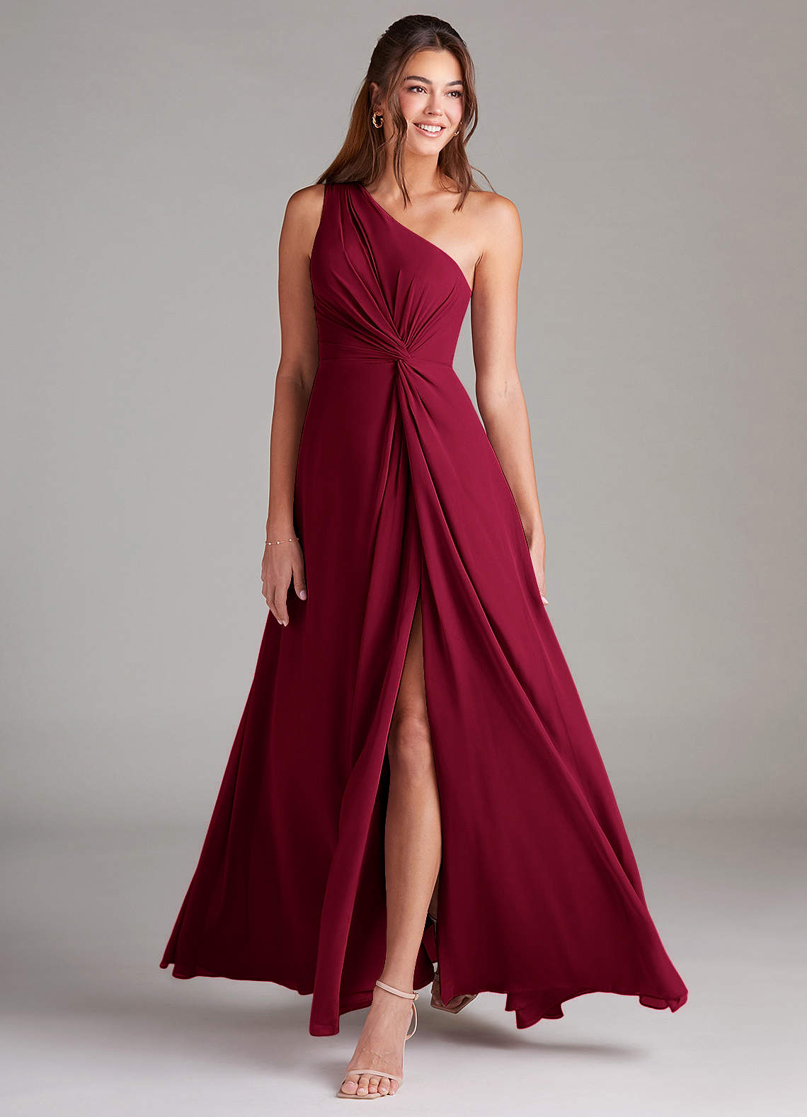 Azazie Brooke Bridesmaid Dresses Burgundy A-Line One Shoulder Chiffon Dress image2