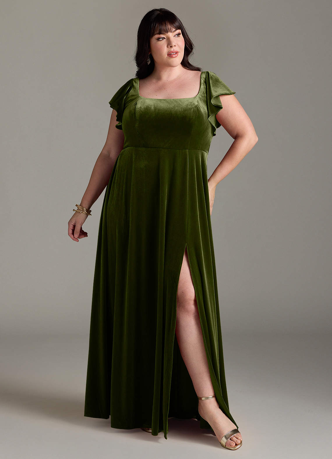 Azazie Bondi Bridesmaid Dresses Olive A-Line Side Slit Velvet Dress image1