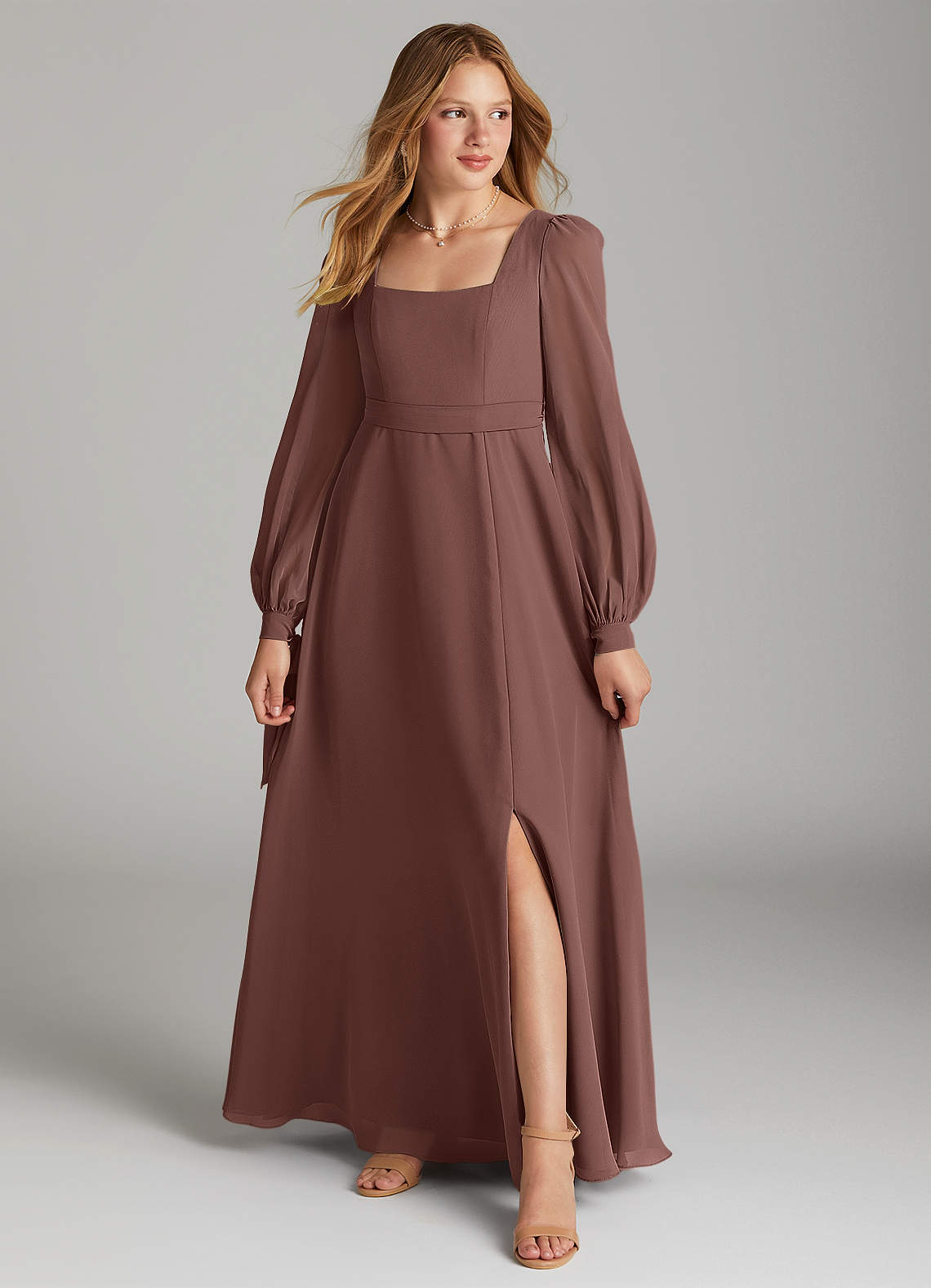 Azazie Leonia Junior Espresso A-Line with Pockets Chiffon Dress image1