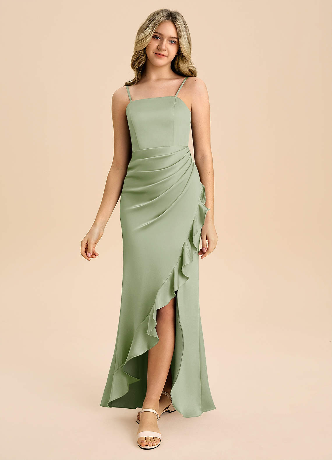 Azazie Buzzy Junior Dusty Sage Sheath Pleated Stretch Satin Dress image4