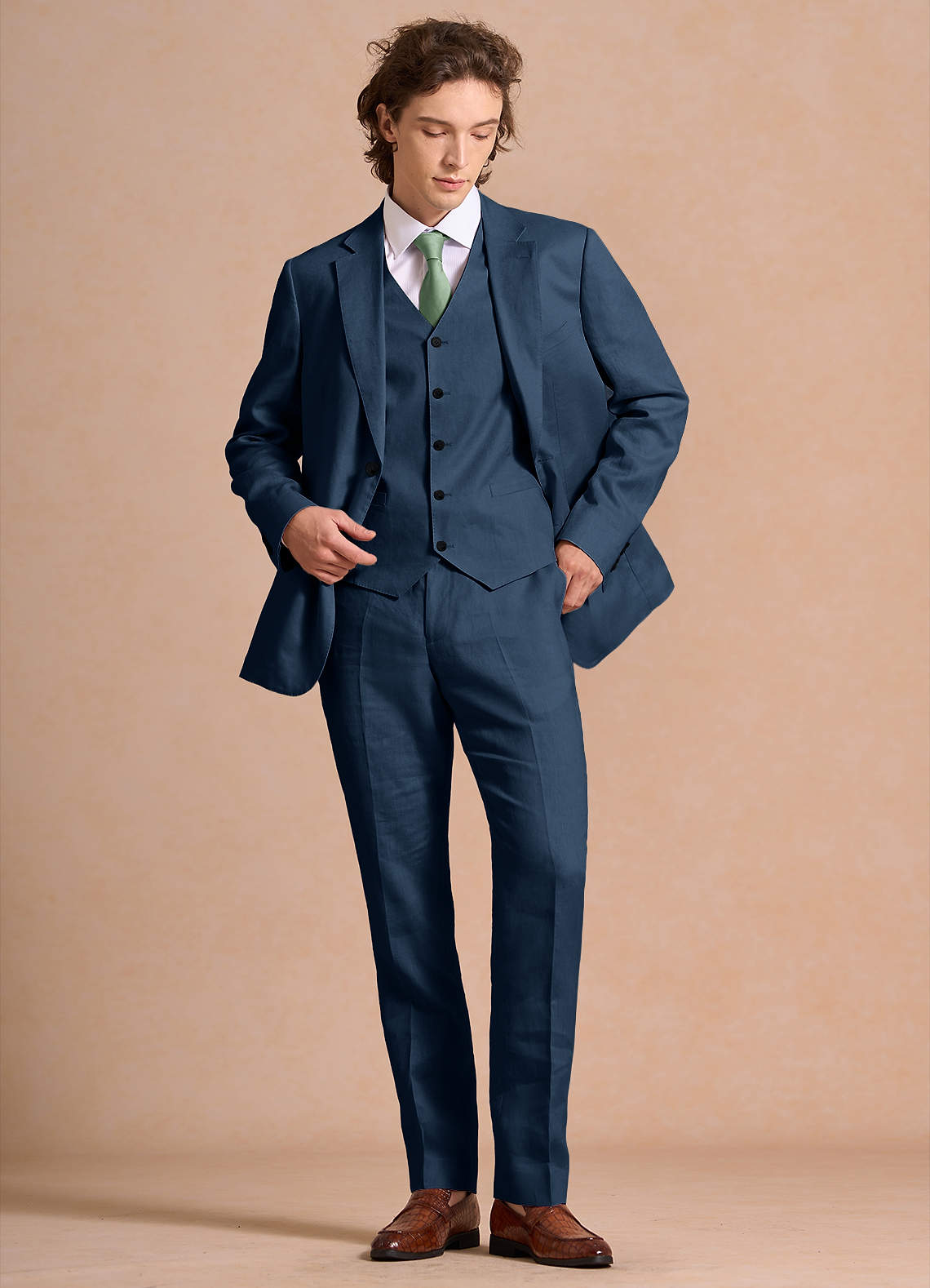 front Harrison Mörk Marinblå 100% linne klänningsbyxor