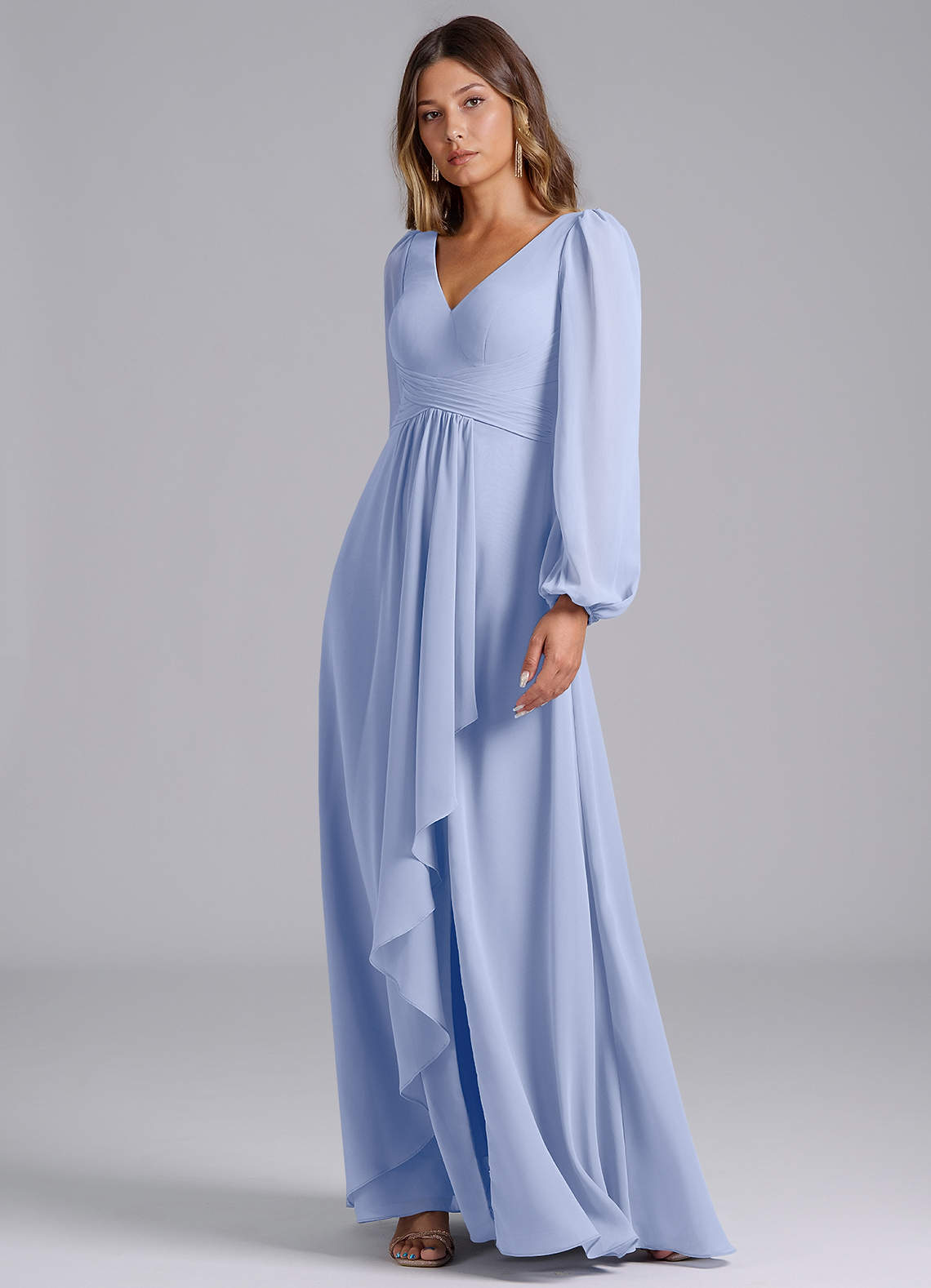 ice grey bridesmaid dresses Dreamylily Women Ice Blue Chiffon A Line Square Neck Short Sleeves  Asymmetrical Bridesmaid Dress main image 1