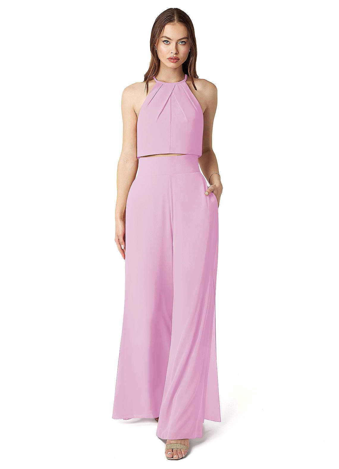 Azazie Kenzi Bridesmaid Dresses Candy Pink Pleated Chiffon Jumpsuit image1
