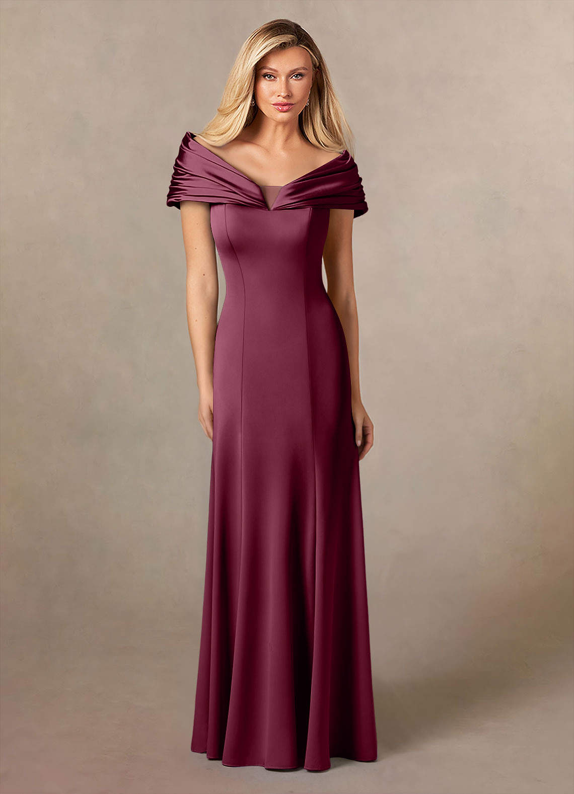 Azazie Auberdeen Mother of the Bride Dresses Mulberry Mermaid Pleated Stretch Satin Dress image1