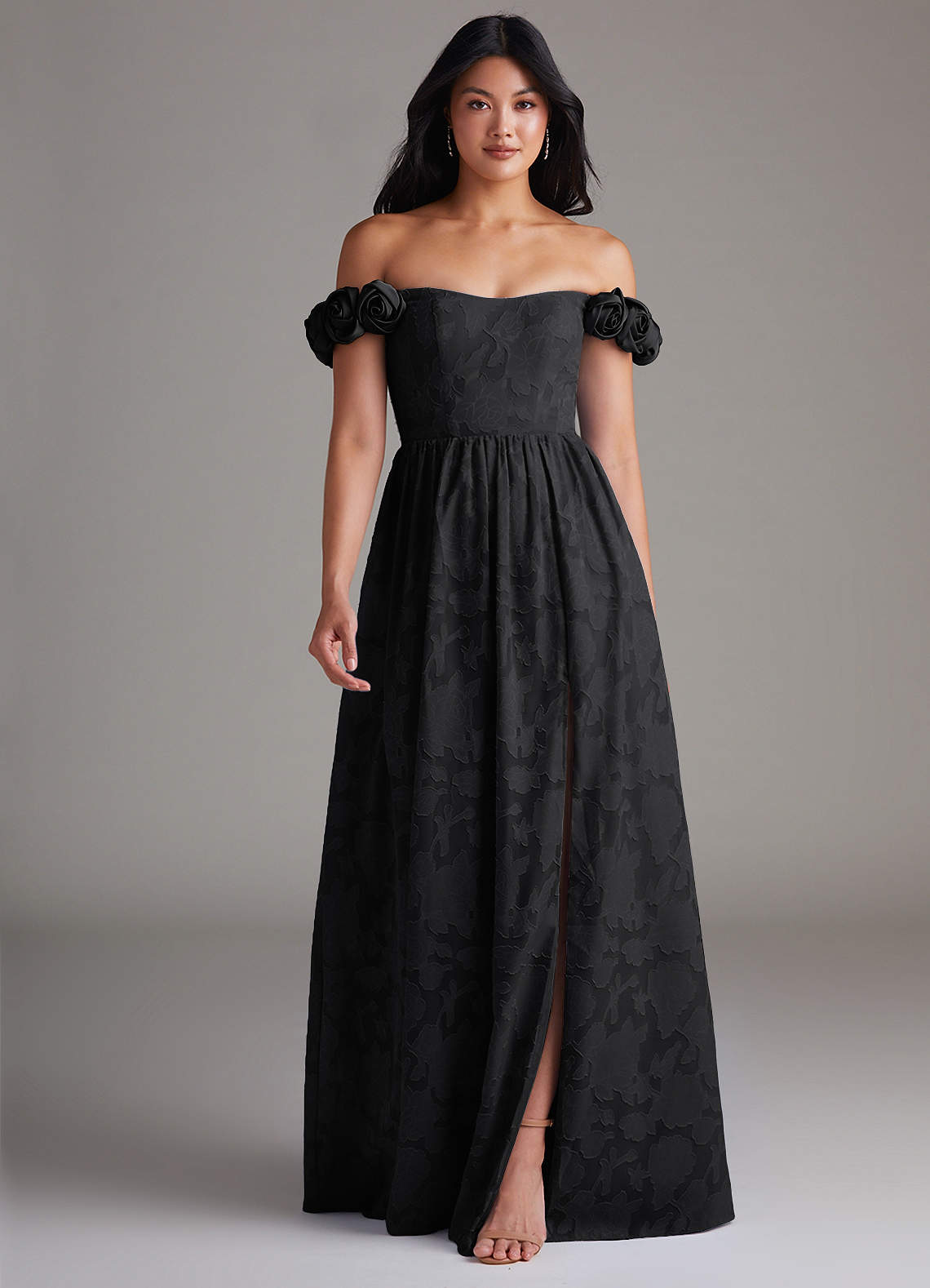 Azazie Autumn Bridesmaid Dresses Black A-Line Off the Shoulder Floral Burnout Convertible Dress image1