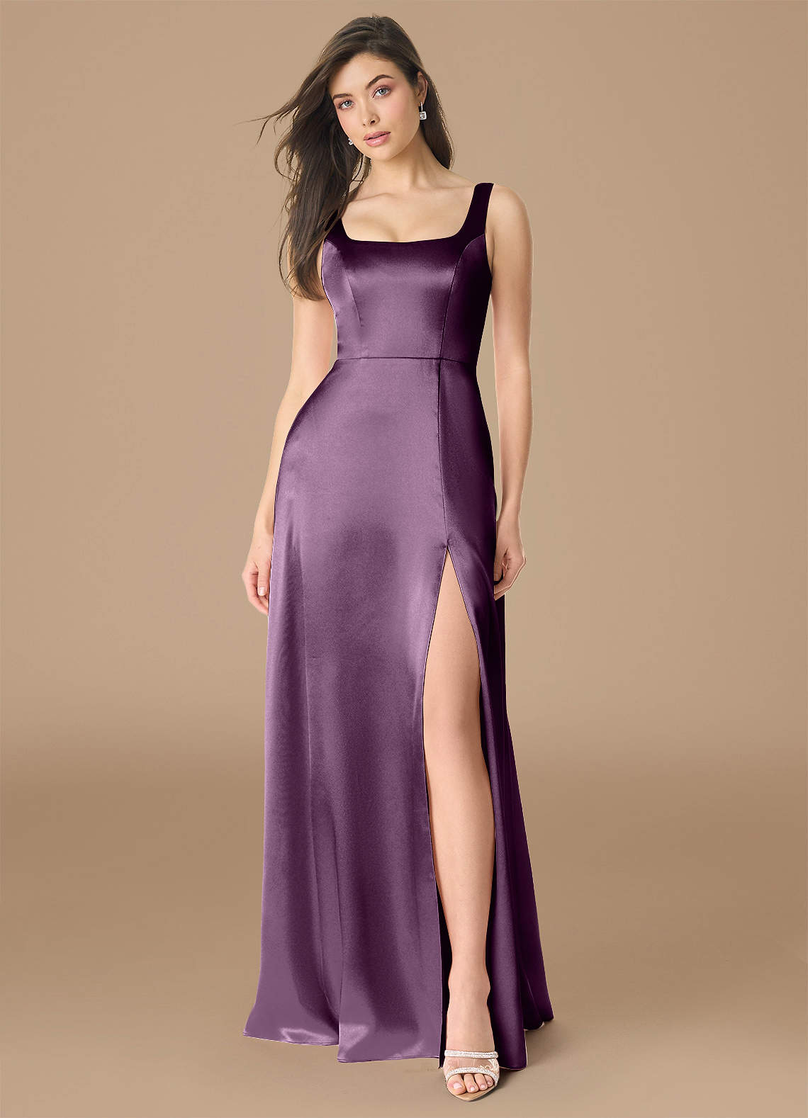 Azazie Joyce Bridesmaid Dresses Plum A-Line Side Slit Metallic Satin Dress image1