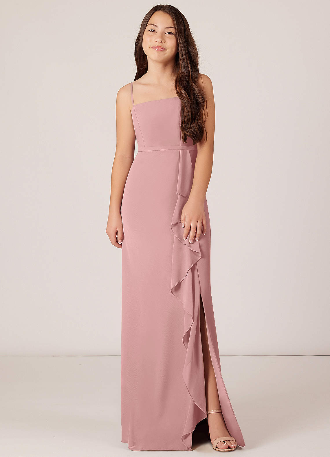 Azazie Kaylee Junior Dusty Rose A-Line with Belt Chiffon Dress image1