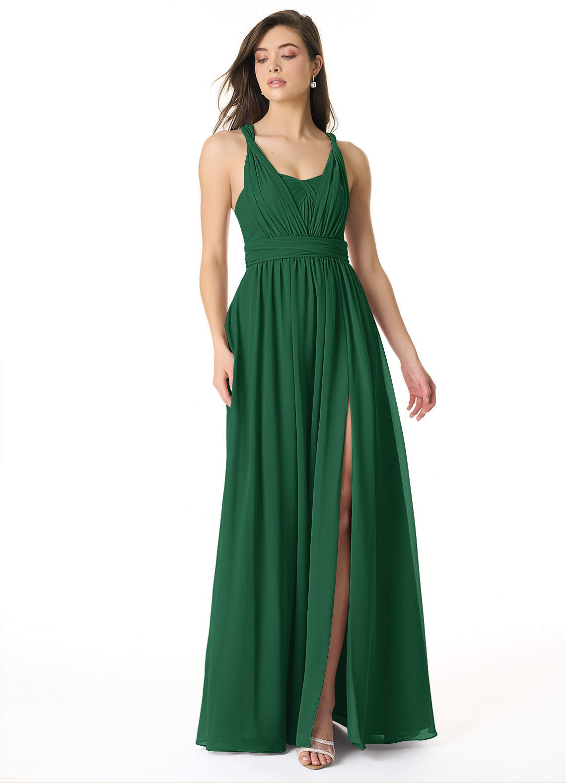 Azazie Olani Vestidos de damas de honor Vestido de Verde Oscuro de Gasa de Corte en A Convertible con Vestidos sin tirantes image1