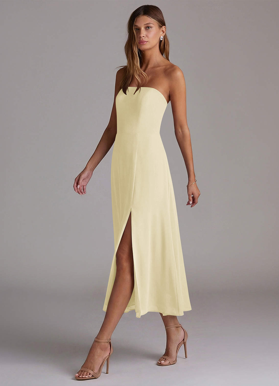 Azazie Wren Brautjungfernkleider A-Linie Schulterfrei Chiffon Kleid Zitronensorbet image2