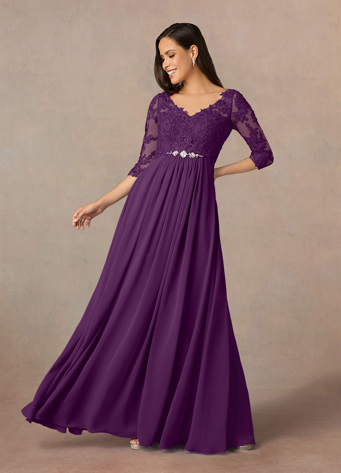 Azazie Hayek Kleider für die Brautmutter A-Linie V-Hals Spitze Chiffon Kleid Traube image1
