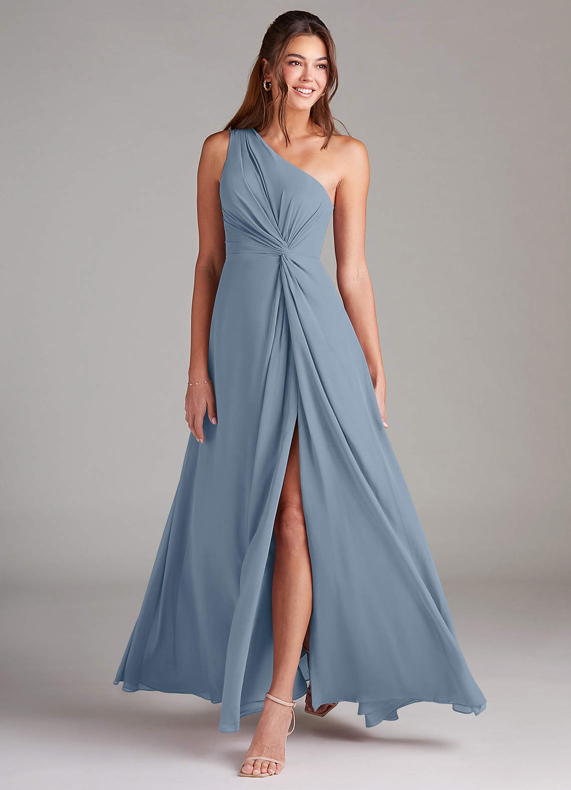 Azazie Brooke Bridesmaid Dresses Dusty Blue A-Line One Shoulder Chiffon Dress image2