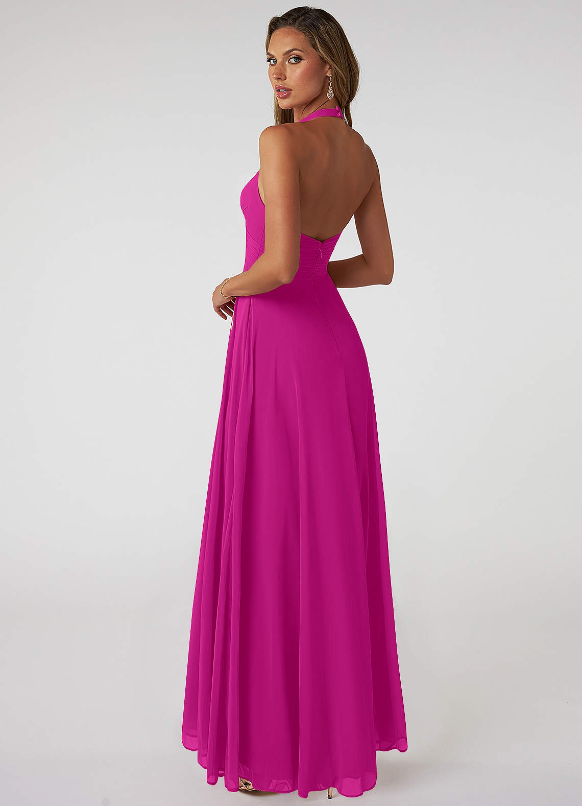 Azazie Tessie Vestidos de damas de honor Vestido de Fucsia de Gasa de Corte en A con Cuello en V plisado image1