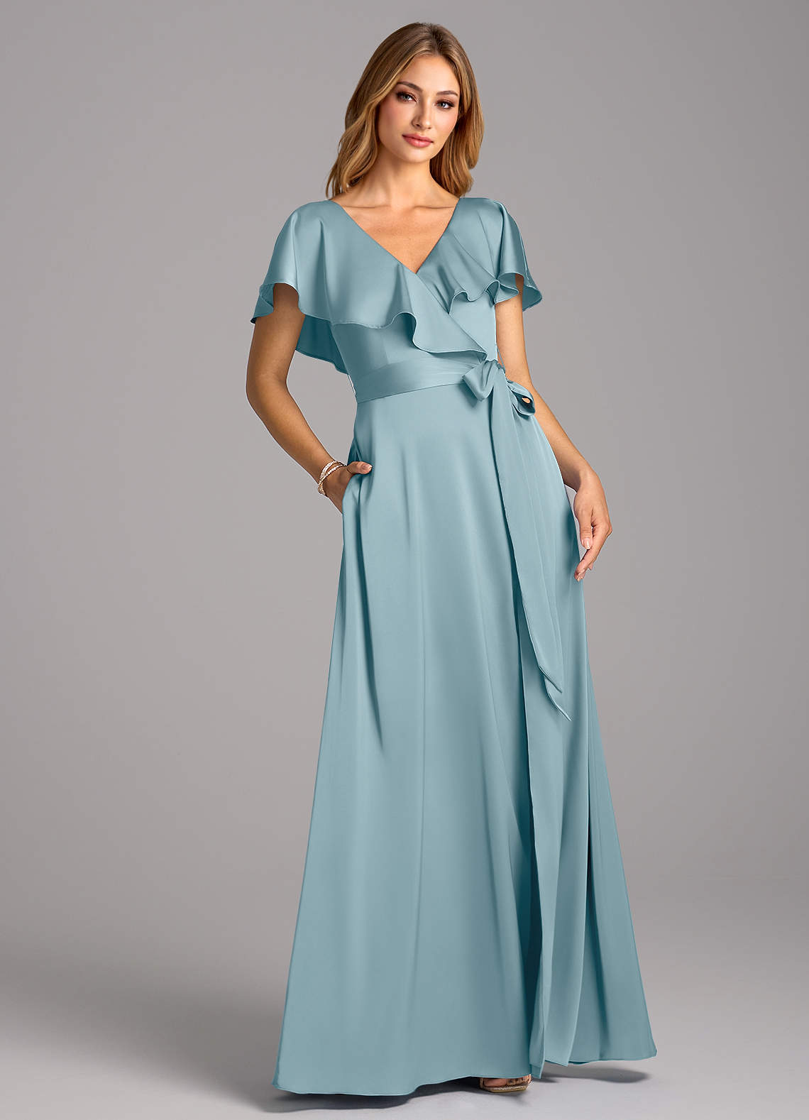 Azazie Lainey Bridesmaid Dresses Moody Blue A-Line with Pockets Stretch Satin Dress image1