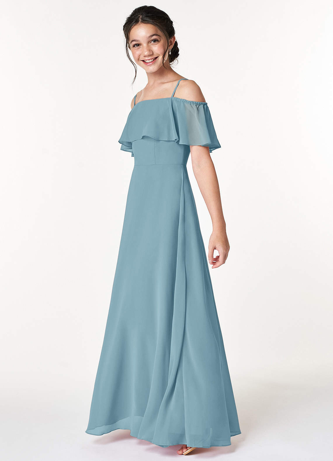 Azazie A Line Princess Off the Shoulder Floor Length Chiffon Junior Bridesmaid Dresses Moody Blue