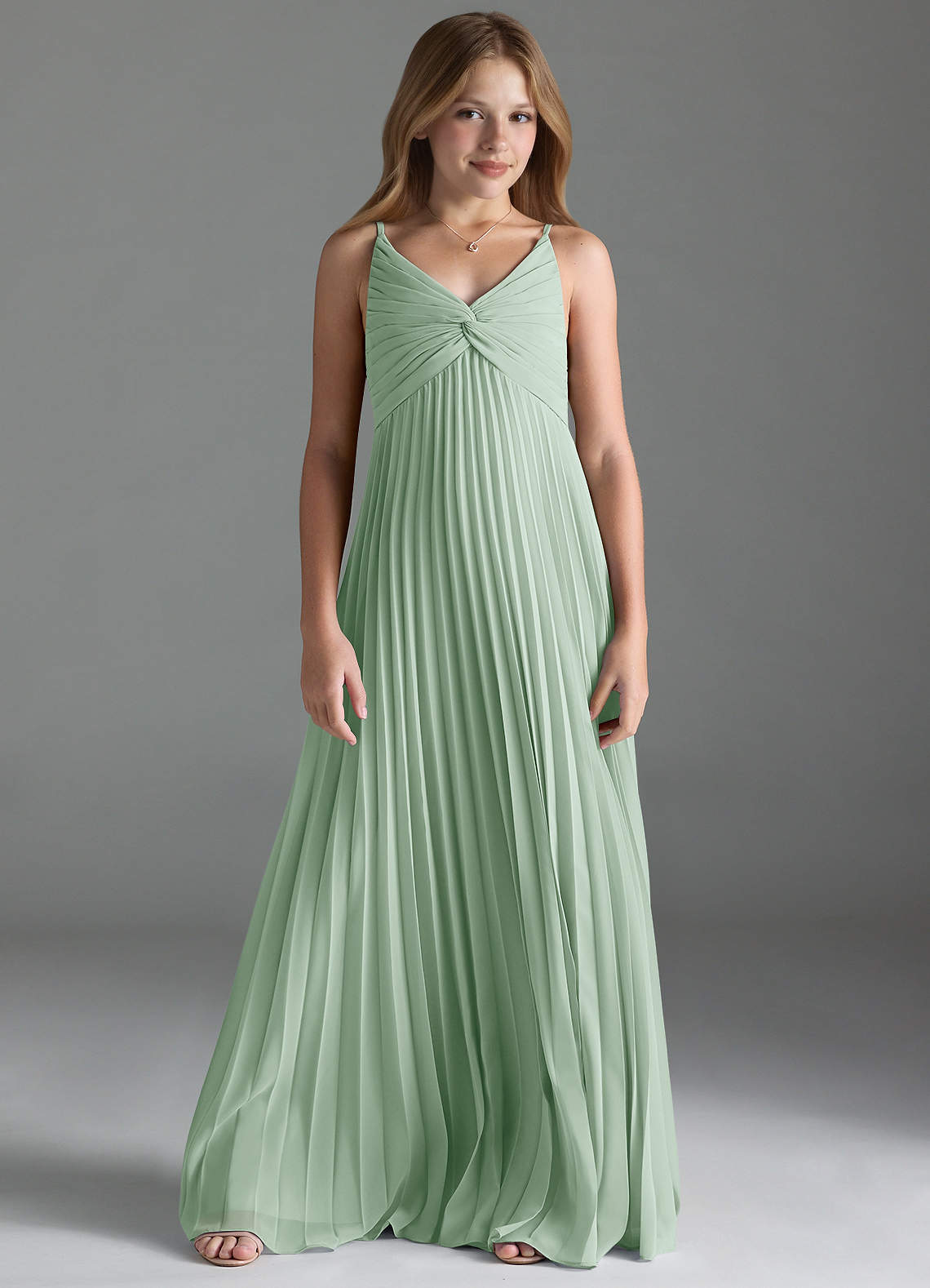 Azazie Raychelle Junior A-Linie Plissee Chiffon Kleid Agave image1