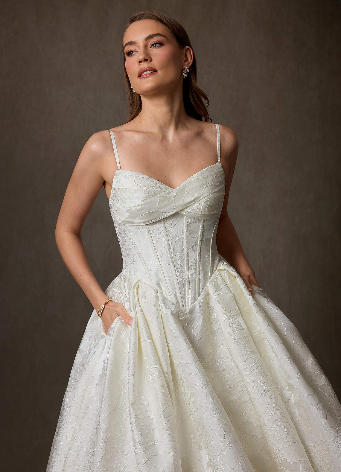Azazie Genevieve At-home Try On Dresses Antique White Ball-Gown Strapless Floral Jacquard Dress image6