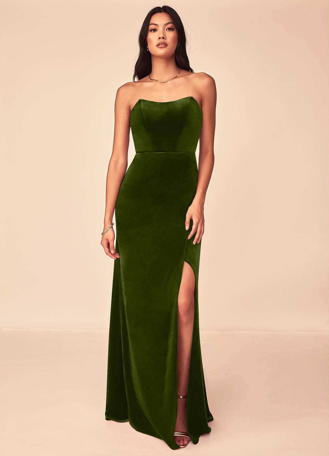 Azazie Nereda Bridesmaid Dresses Olive A-Line Strapless Velvet Convertible Dress image1